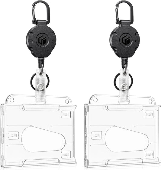 Uniclife 2 Pack Thumb-Slot Badge Holder 2-Card Horizontal Clear Plastic Case with Retractable Keychain Badge Reel for up to 8 oz Hard Card Protector for IDs Credit Cards Driver’s Licenses and Passes