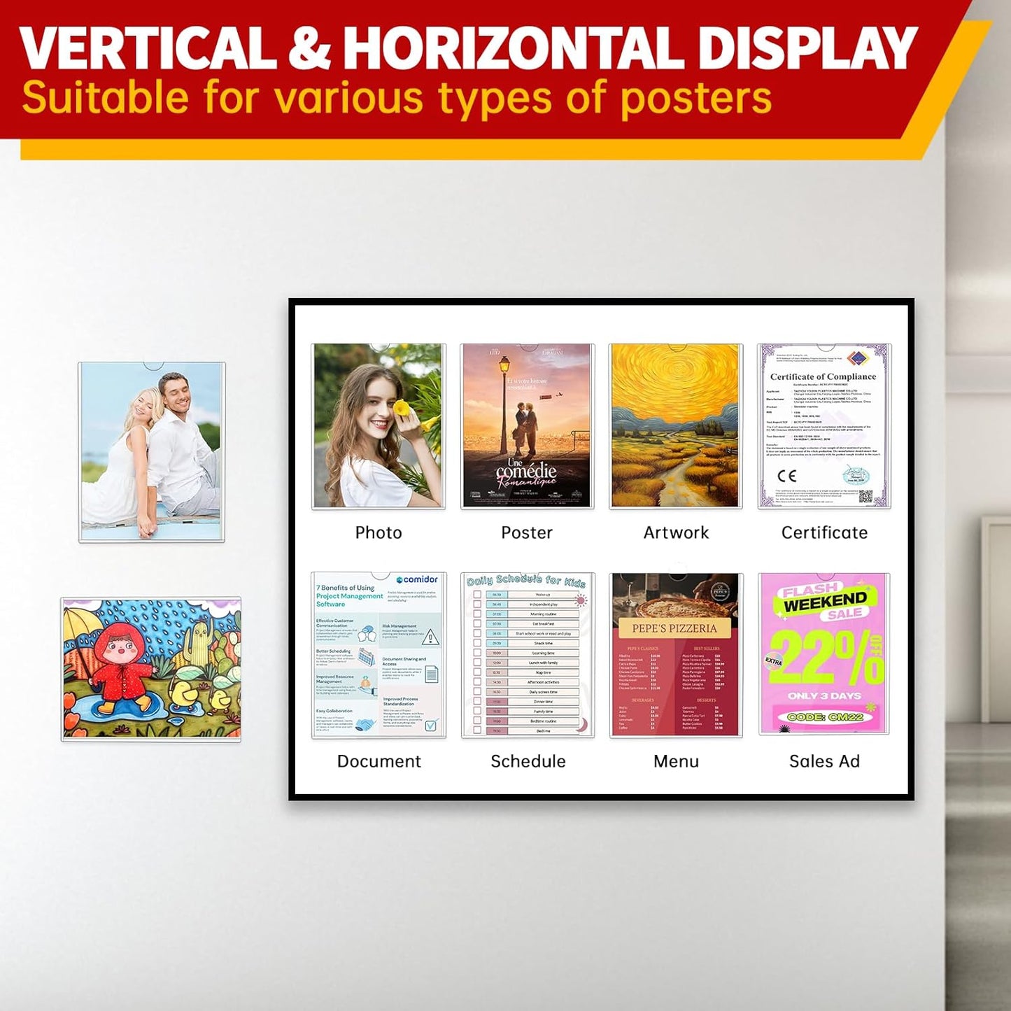 Magnetic Sign Holder 8.5 x 11 - Rigid Plastic Wall Sign Holder Reusable Adhesive Frames, Magnetic Frame for Refrigerator Door Window, Clear Rigid Print Protectors for Paper Picture, 5 Pack