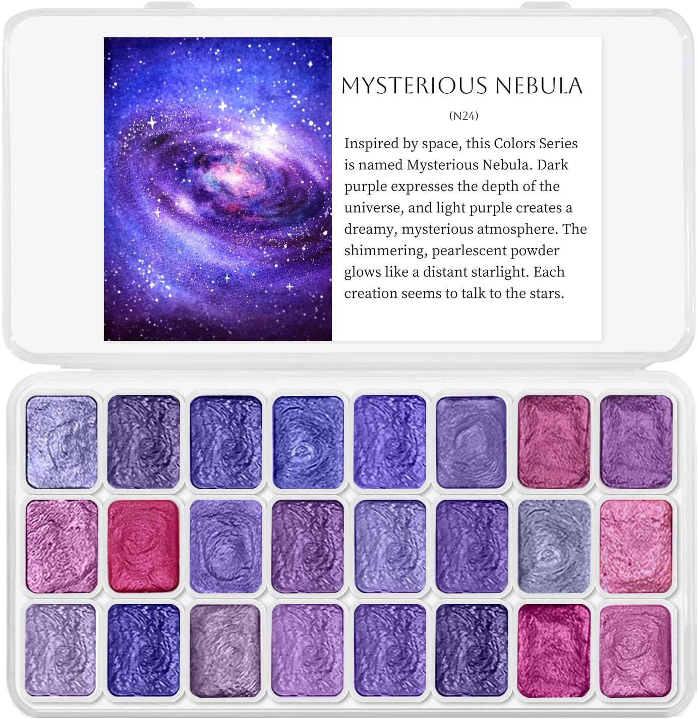 Mini Glitter Watercolor Paint Set with Paper, 24 Colors Shimmer Metallic Watercolour Painting Sets, Solid Pearl Water Color Paints for Adult, Kids, Purple 1ml Trial Pack(Mysterious Nebula)