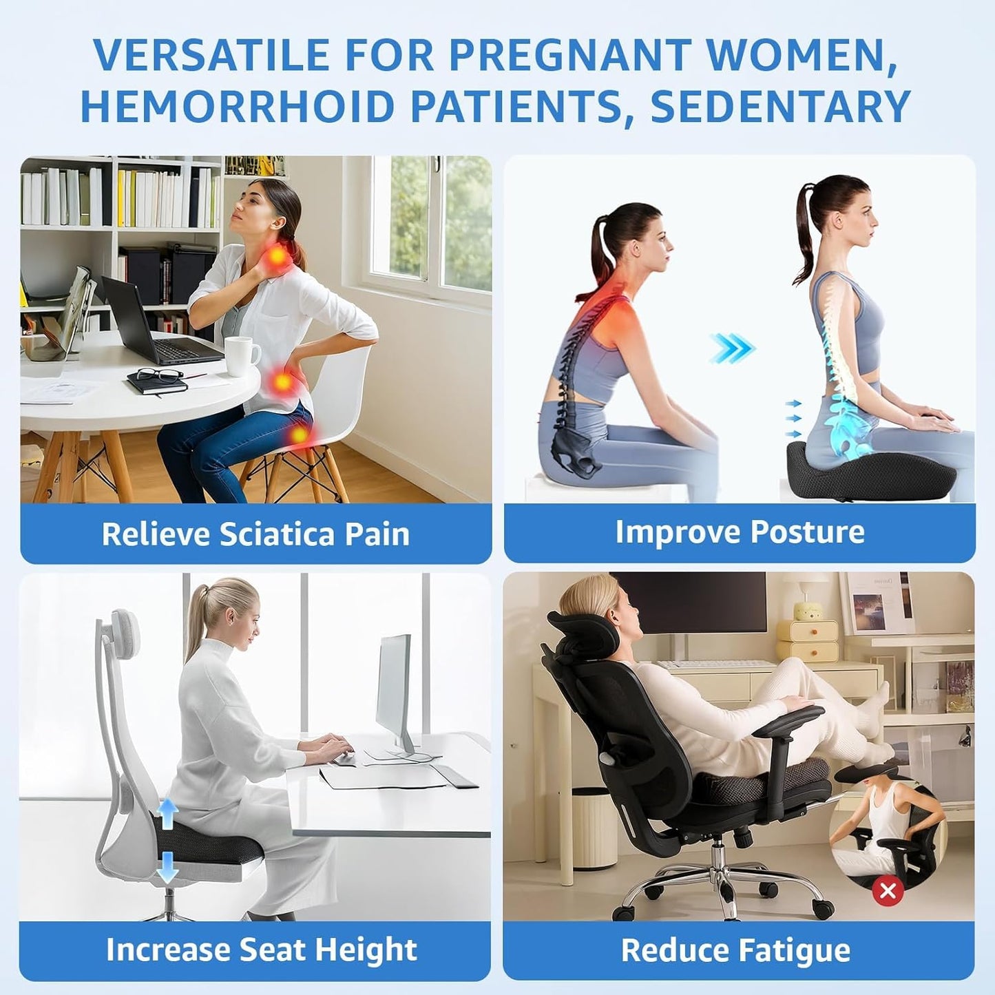 Extra Large Office Chair Cushion, 19" x 17" Ergonomic Memory Foam Seat Cushion for Tailbone, Back, Sciatica & Hip Pain Relief, Booster Pad for Sitting & Driving, Removable Washable Cover, Black