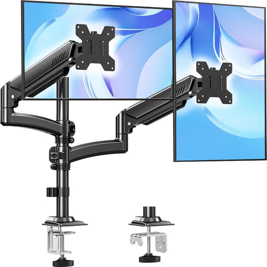 Dual Monitor Stand Holds 4.4-22 lbs Each, Dual Monitor Mount Height up to 26.6 inch, Gas Spring Monitors Arm for Max 32 inch Computer, VESA Mount with C-clamp & Grommet Mounting, Freelift Black