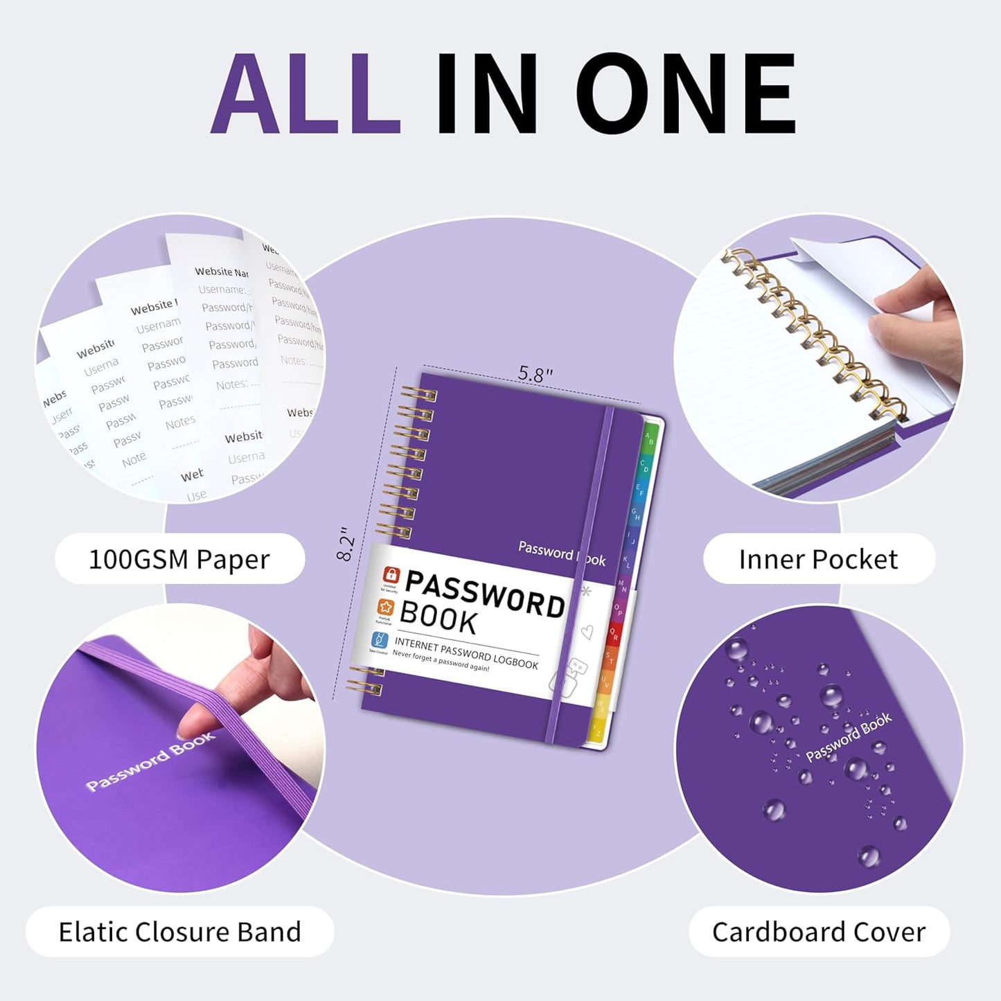 Password Book with Alphabetical Tabs, Password Keeper Book for Seniors, 5.8" X 8.2" Medium Size Password Notebook, Spiral Hardcover Password Journal Logbook for Website Logins, Purple