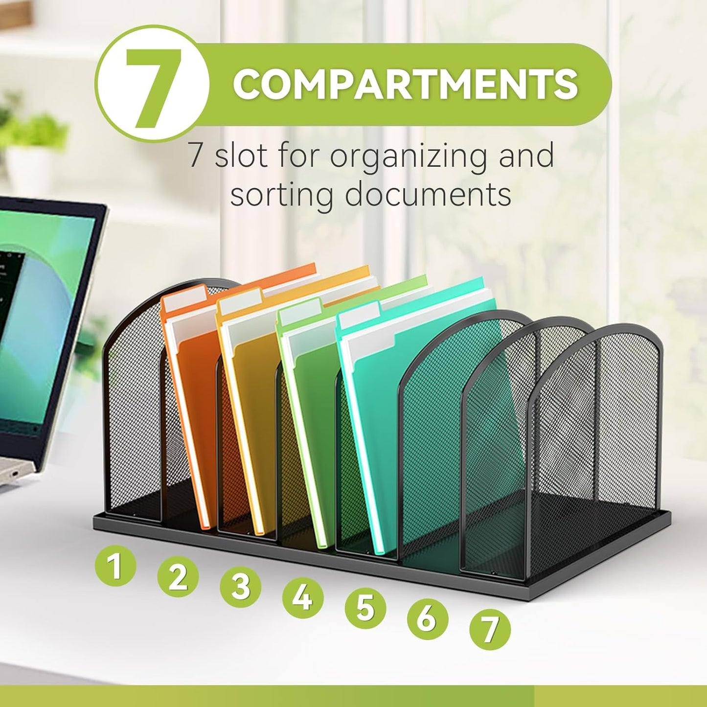 Desk File Organizer 7 Sections Upright Mesh File Sorter Organizer for Desk, Office Organization File Holder for Home, Office & Classroom (Black, 2Pack)