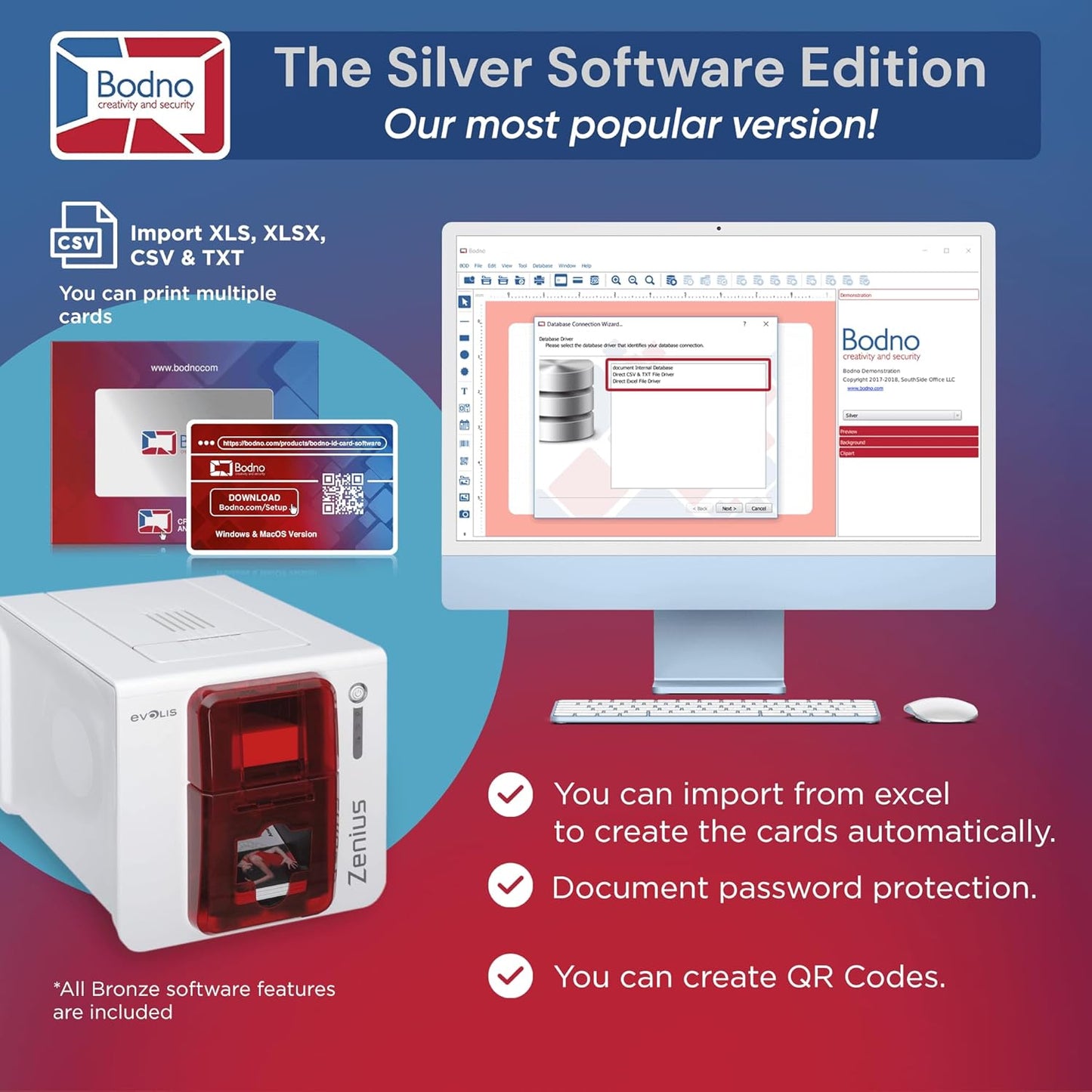 Evolis Zenius Single Sided ID Card Printer & Complete Supplies Package with Bodno Silver Edition ID Software