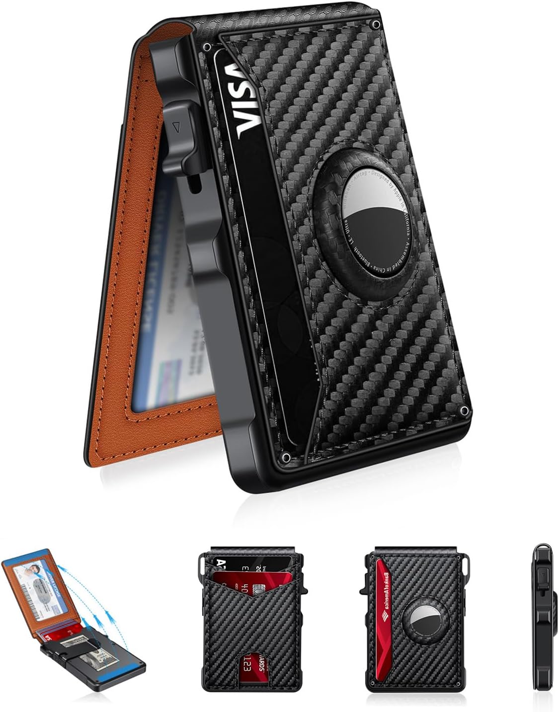 Airtag Wallet for Men, Mens Smart Wallet for Air Tag RFID Blocking, Minimalist Bifold Pop Up Aluminum Credit Card Case Holder 12+ Cards with ID Window, Gift for Men, No Airtag Included, Carbon Orange