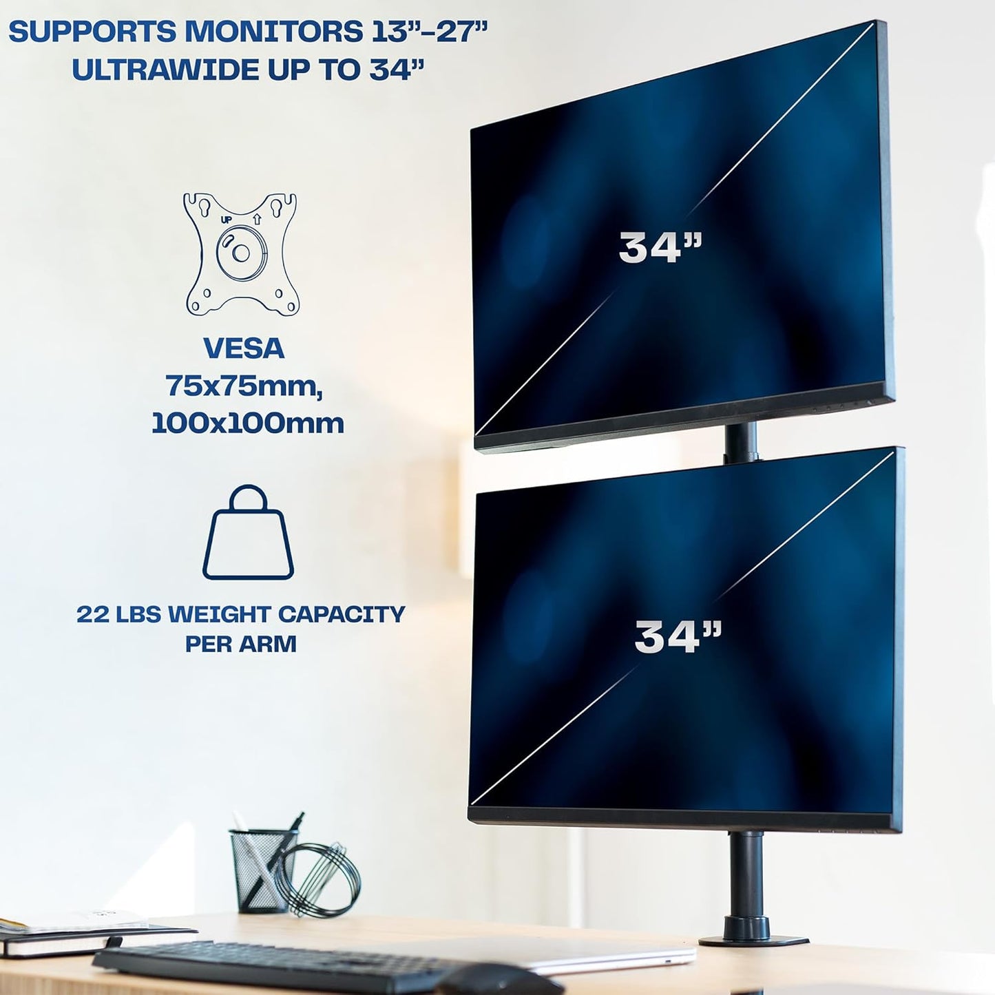 VIVO Dual Monitor Desk Mount Stand with Height Adjustment and VESA Plates for 2 LCD Ultrawide Screens up to 34 inches, Stacked Array, STAND-V002R
