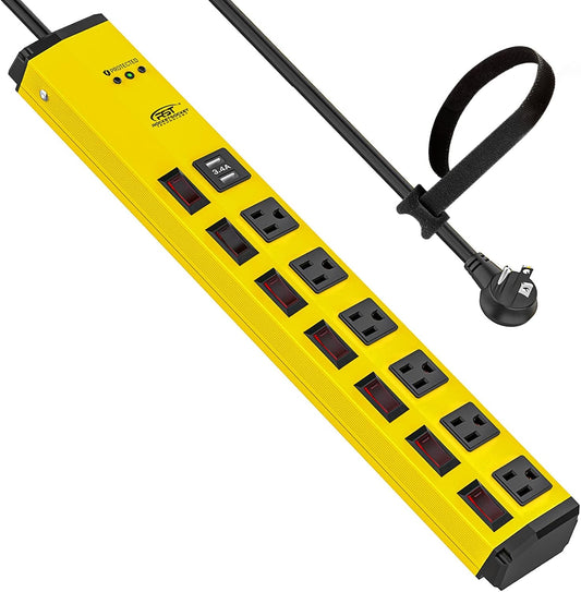 CRST 6-Outlet Heavy Duty Power Strip with USB and Individual Switches, 1200 Joules Metal Mountable Surge Protector Power Strip 15A Circuit Breaker, 6FT Extension Cord for Garage, Workshop, Home