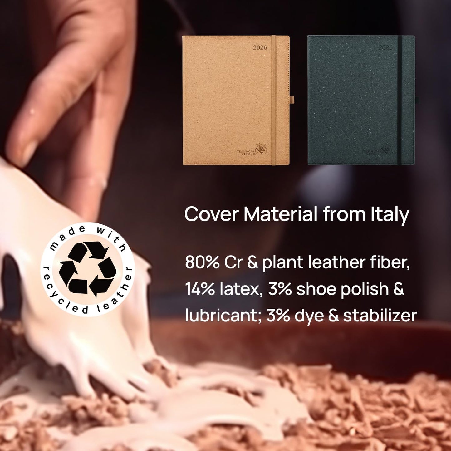 POPRUN 2026 Planner - 2026 Recycled Weekly Planner[8.5''x 10.5''- Italian Regenrated Leather Hard Cover] with Hourly Schedule & Vertical Weekly Layout, Monthly Tabs, Inner Pocket - Black Grey