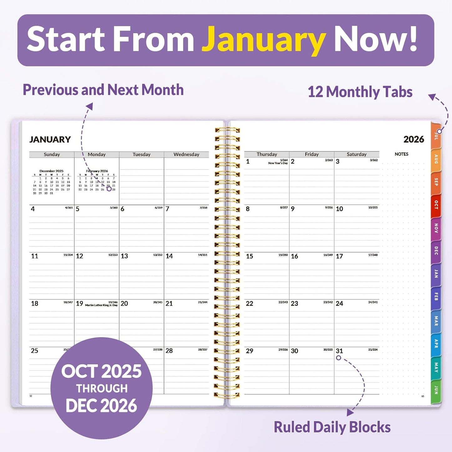 SUNEE 2026 Weekly and Monthly Planner - from January 2026 - December 2026, 8.5"x11" Daily Agenda Planner with Monthly Tab, Flexible Cover, Note Pages, Pockets, Bookmark, Spiral Binding, Purple