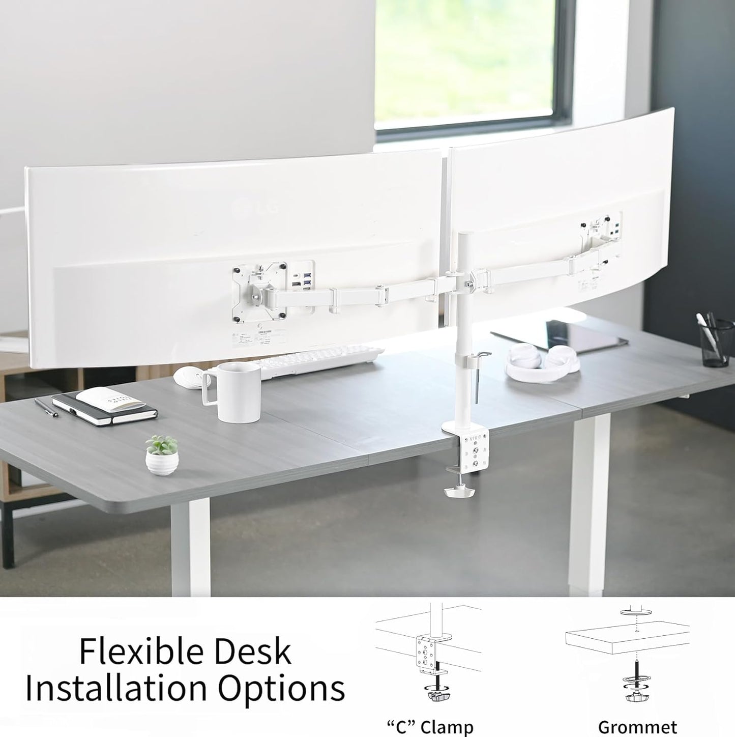VIVO Dual Ultrawide Monitor Desk Mount, Heavy Duty Fully Adjustable Steel Stand, Holds 2 Computer Screens up to 38 inches and Max 22lbs Each, White, STAND-V038W