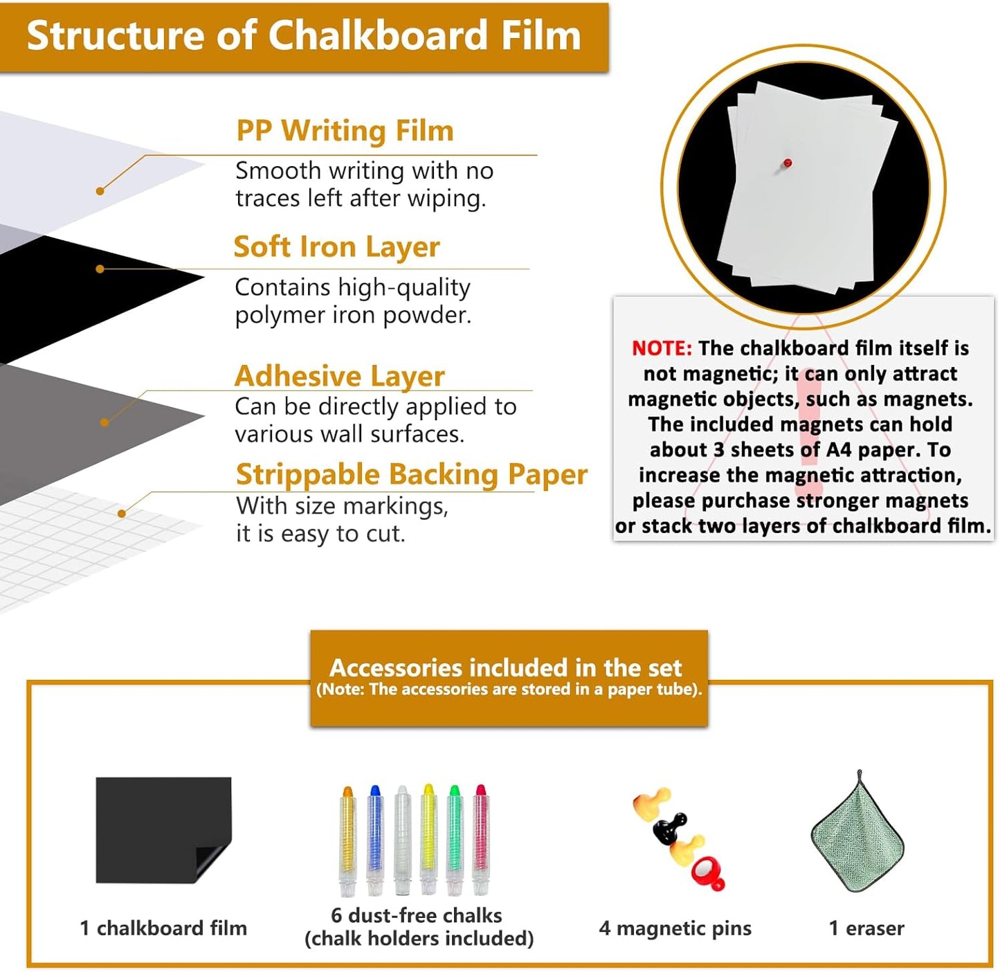 Magnetic Chalkboard Contact Paper with Adhesive, 55" x 27" Magnetic Blackboard Film for Walls, Peel and Stick – Ideal for Office, Classroom, Home. Includes Dustless Chalk, Wiping Cloth, and Magnet