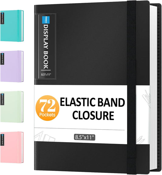 Sooez 72 Pocket Binder with Plastic Sleeves & Elastic Band, Large Capacity 8.5x11 Presentation Book Display 144 Pages, Art Portfolio Document Folder with Clear Sheet Protectors for Office School