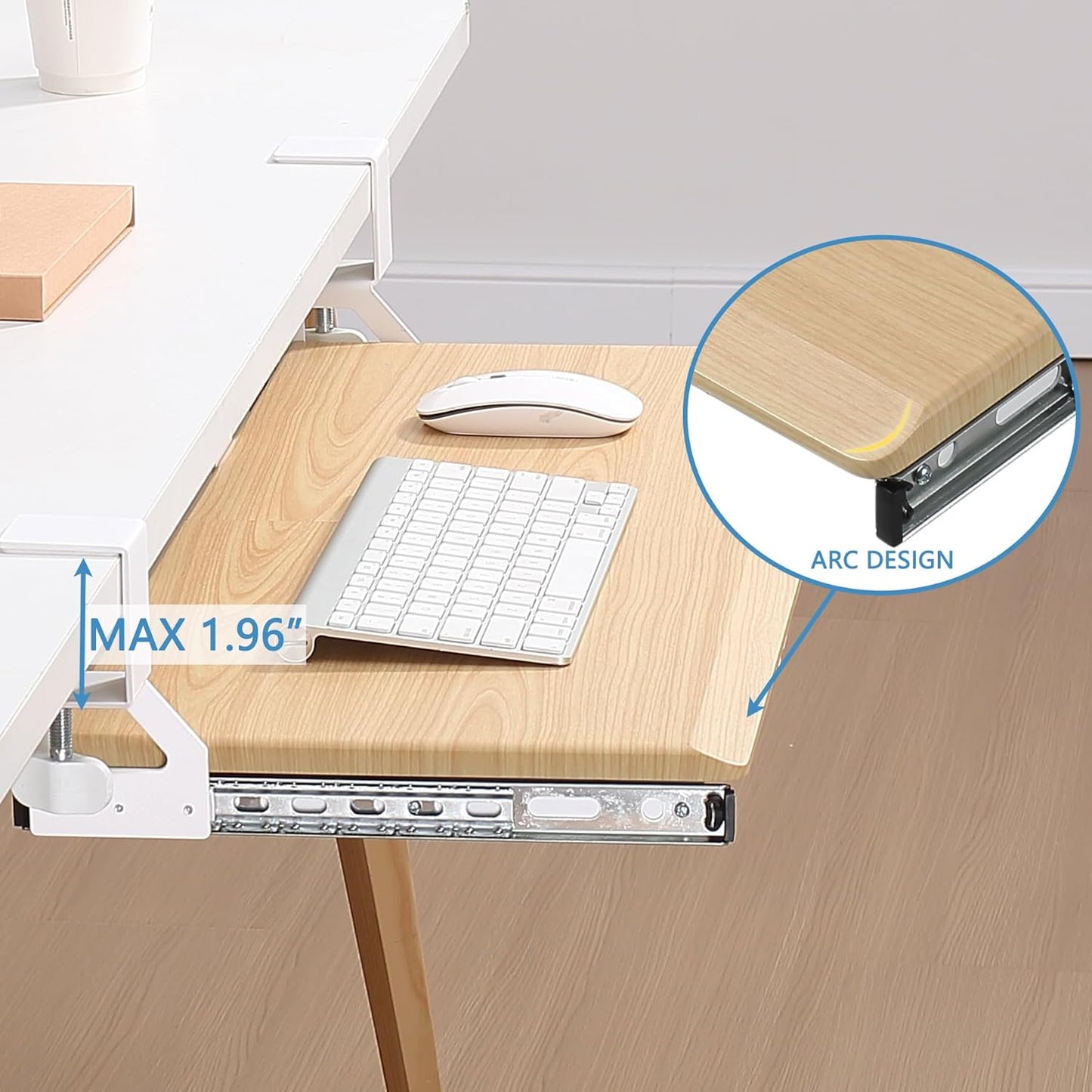 ETHU Keyboard Tray Under Desk, 19.7" X 12.2" Small Size C Clamp Keyboard Drawer Under Desk, Computer Keyboard Stand Slide Pull Out, Ergonomic Keyboard Tray for Home, Office (Oak)