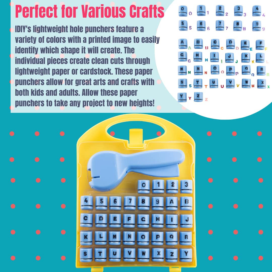 Letters and Numbers Paper Punchers- 37pc Mini Paper Punchers w Case & Punching Tool- Easy Use Hole Punch for Greeting Cards, Confetti, Scrapbooking, Arts & Crafts, School Projects for Kid & Adults