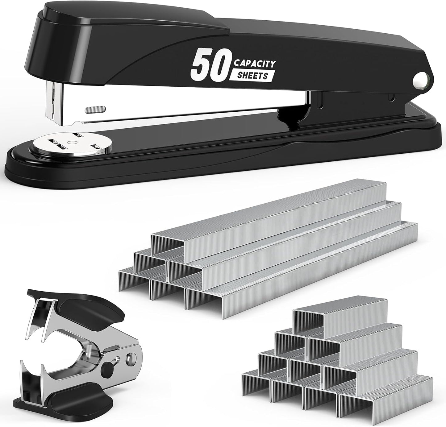 Metal Stapler Heavy Duty 50 Sheet Capacity with 1750 Staples and Staple Remover, Full Strip Staplers for Desk, No Jam, Non-Slip for Office & Classroom, Black