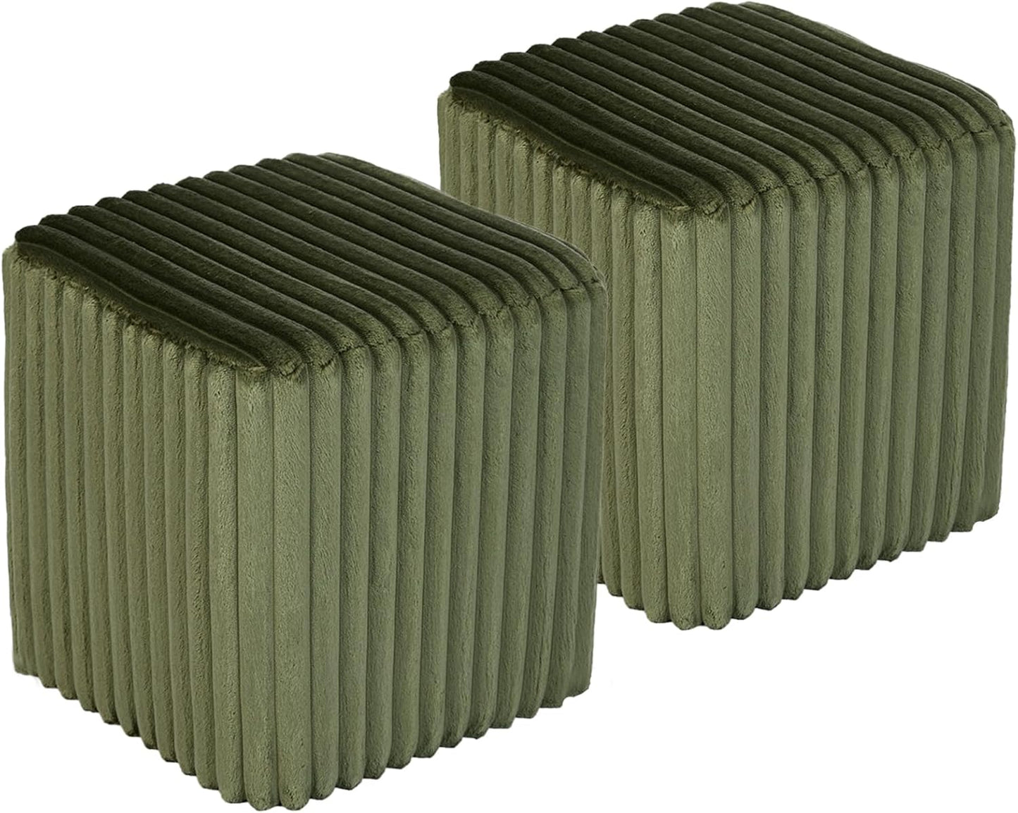 Modern Square Ottoman 2Pcs, Vertical Channel Tufted Foot Stool Ottoman, Velvet Upholstered Vanity Stool for Makeup, Bedroom, Living Room, Dark Green