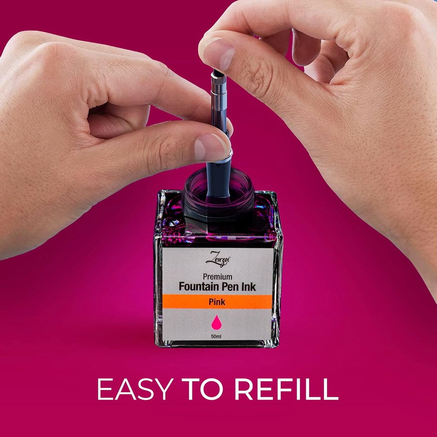 ZenZoi Fountain Pen Ink Bottle 50ml | Premium Designed Bottled Ink for Fountain Pens – Suitable for Calligraphy and All Branded Pens | Quick Drying and Smooth Flow Writing Experience (Pink)