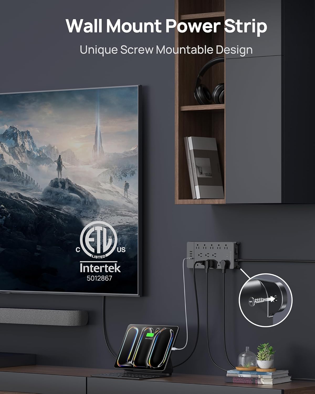 TROND Power Strip Surge Protector 10 ft Cord, 4000 Joules, ETL Listed, 13 Widely-Spaced Outlets Expansion with USB C Ports, Low-Profile Flat Plug, Wall Mount, Extension Cord, 14AWG Heavy Duty, Black