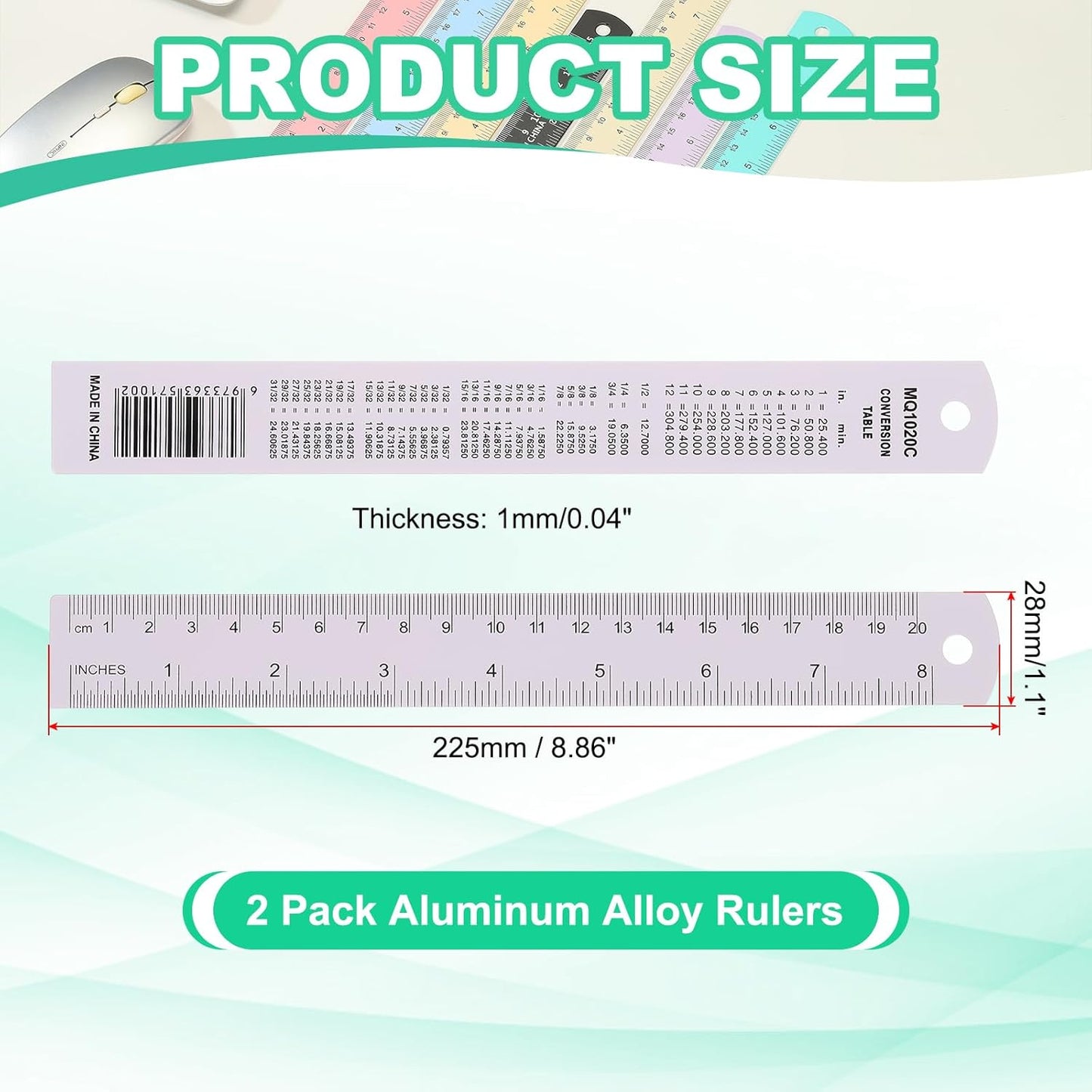 PATIKIL 20cm/8" Metal Ruler, 2 Pack Aluminum Alloy Rulers with Centimeters, Millimeters, Inches and Conversion Table Straight Edge Ruler for Writing Machinist Drafting, Purple