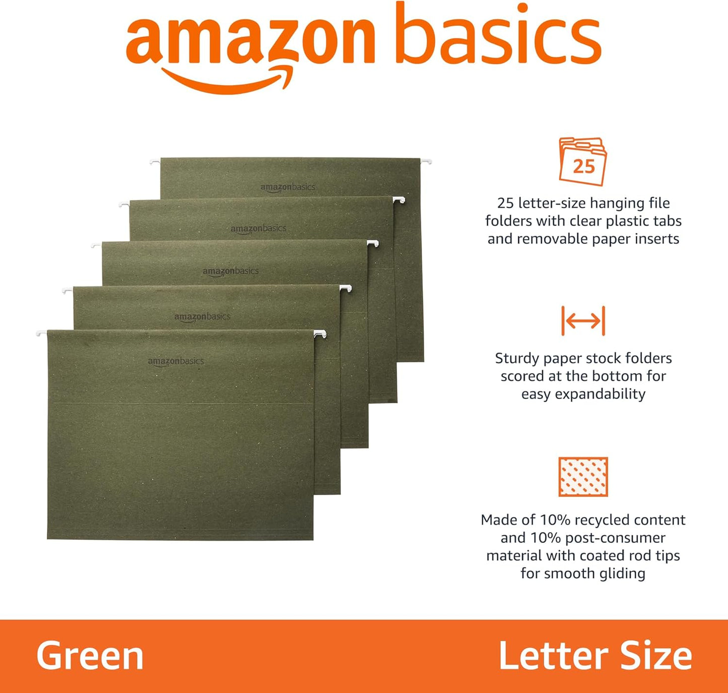Amazon Basics Hanging Organizer File Folders for Efficient Filing, Sturdy, Adjustable Tabs, Letter Size, Pack of 25, Green