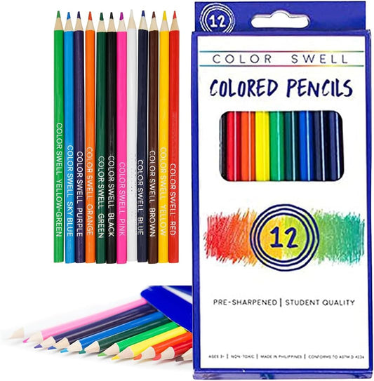 Color Swell Colored Pencil Pack 12 Count Assorted Vibrant Pre-Sharpened Colors Perfect for Kids, Teachers, Classrooms, and All Ages