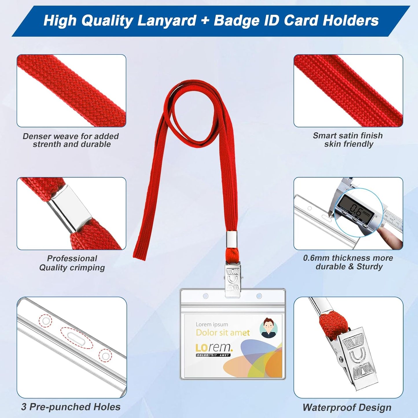 100Pcs Lanyards for ID Badges and 100 Pcs Clear Plastic Horizontal Name Badge ID Card Holders, Flat Neck Lanyards with Clip Waterproof Resealable Name Tag Badge ID Card Holders (Red)