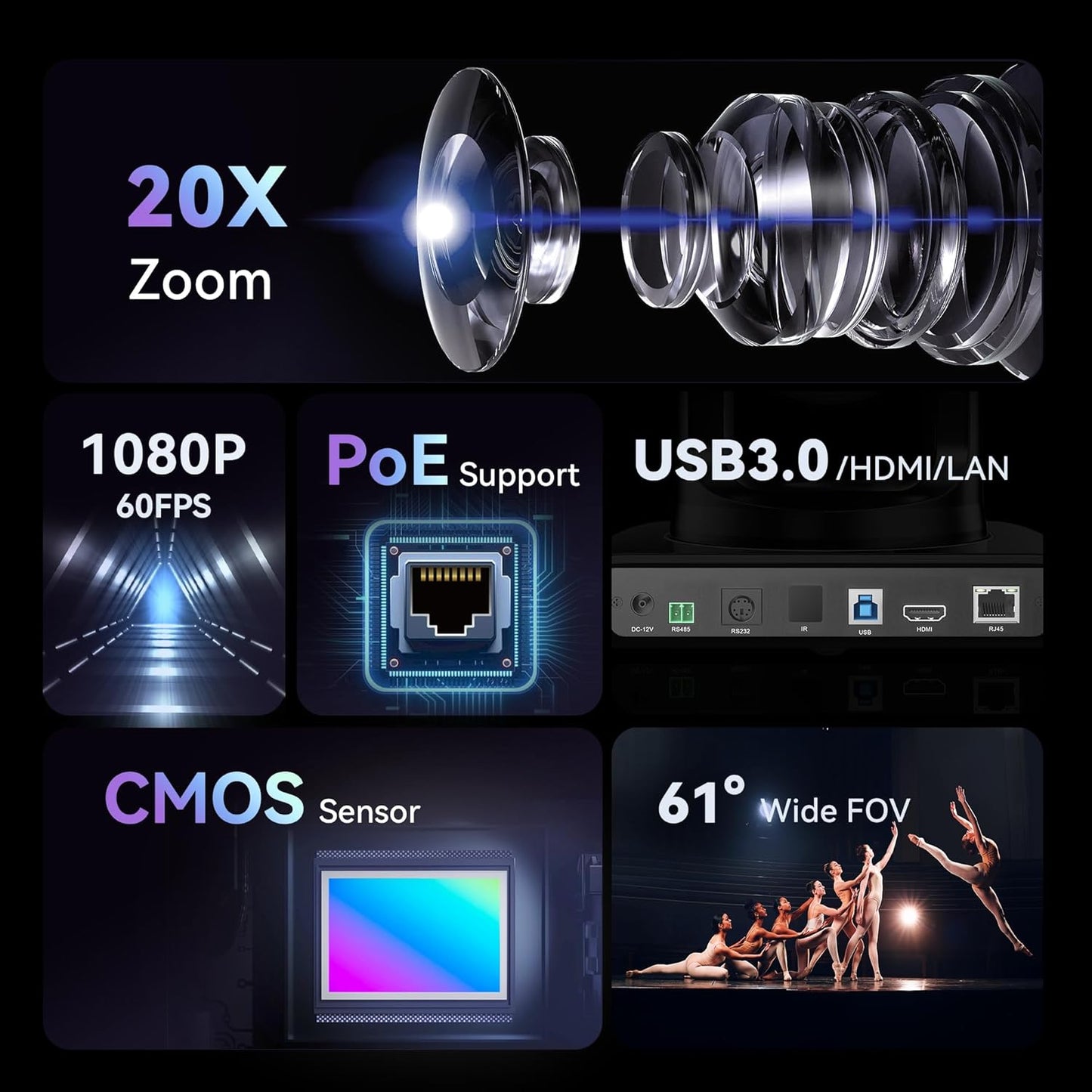 Tenveo HDMI/LAN/USB3.0 PoE PTZ Camera 20X Optical Zoom PTZ Camera IP Live Streaming, FHD 1080P 60FPS, for Church Services Worship Video Conference Live Streaming Online Meeting, 2025 Version