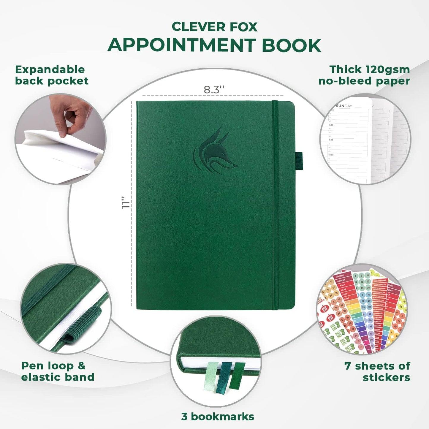 Clever Fox Appointment Book – Hourly Schedule Planner with 15-Minute Increments – Time Box Planner for Daily Work & To-Dos – Weekly & Monthly Spreads, Undated, Hardcover, 8.3x11″ (Dark Green)