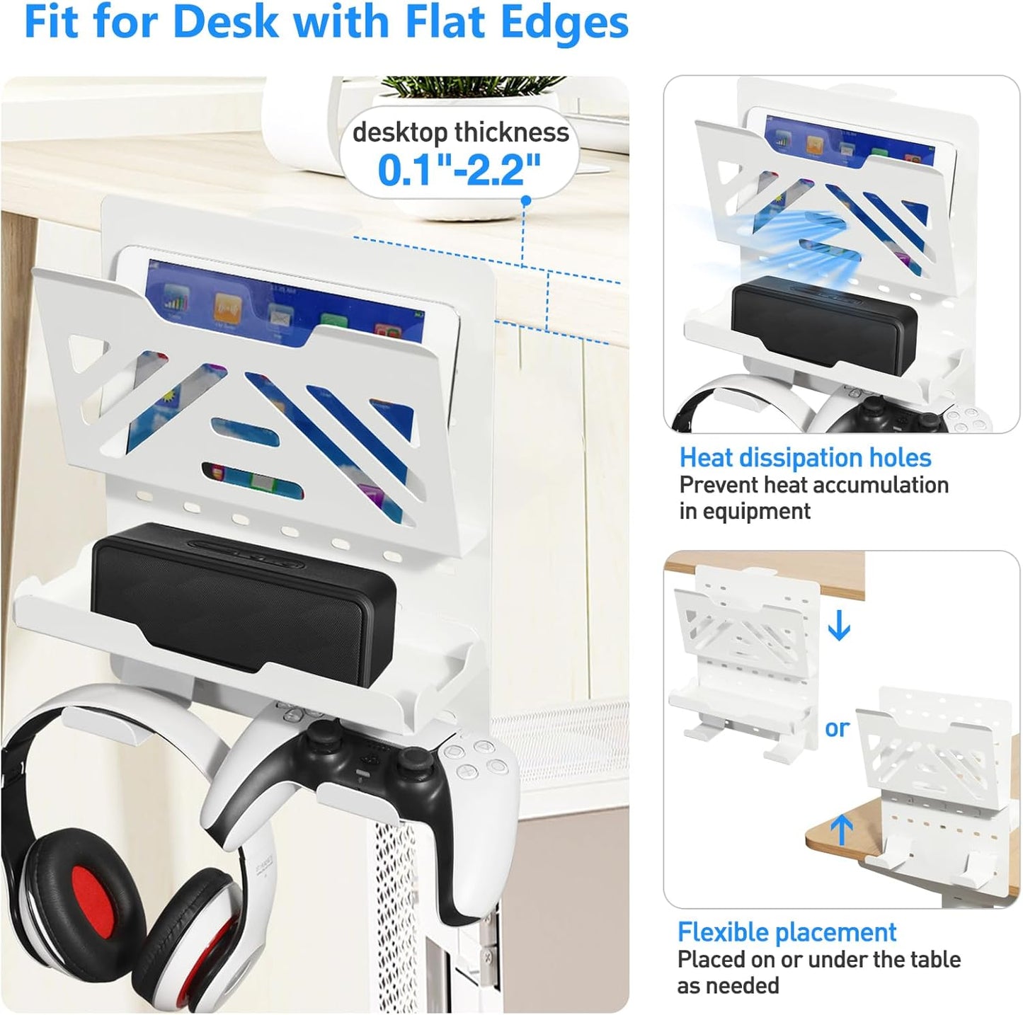 MAXECHO Desk Side Storage Holder, Metal Pegboard, Above or Under Desk Laptop Mount, Table Side Hanging File Organizer, Clamp On Cable Management Tray, Peg Board for Gaming, Office