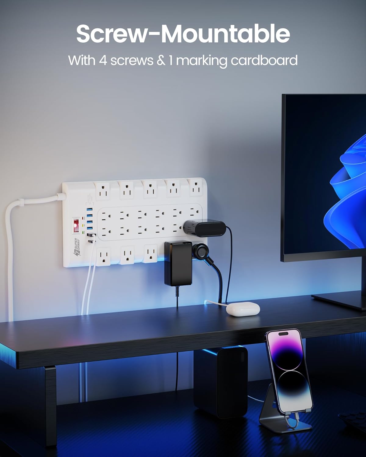 10Ft Extension Cord with Multiple Outlets, SUPERDANNY Surge Protector Power Strip (1875W/15A), 22 AC Outlets and 6 USB Charging Ports, Wall Mountable for Home, Office, Gaming Room, 2100 Joules, White