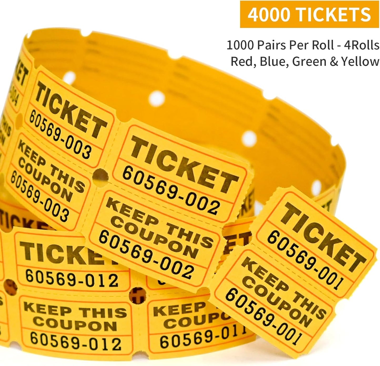 L LIKED 4000 Pairs Double Raffle Tickets - 4 Assorted Colors (Blue, Yellow, Red, Green), 1000 Tickets per Roll for Events, Fundraisers & Parties