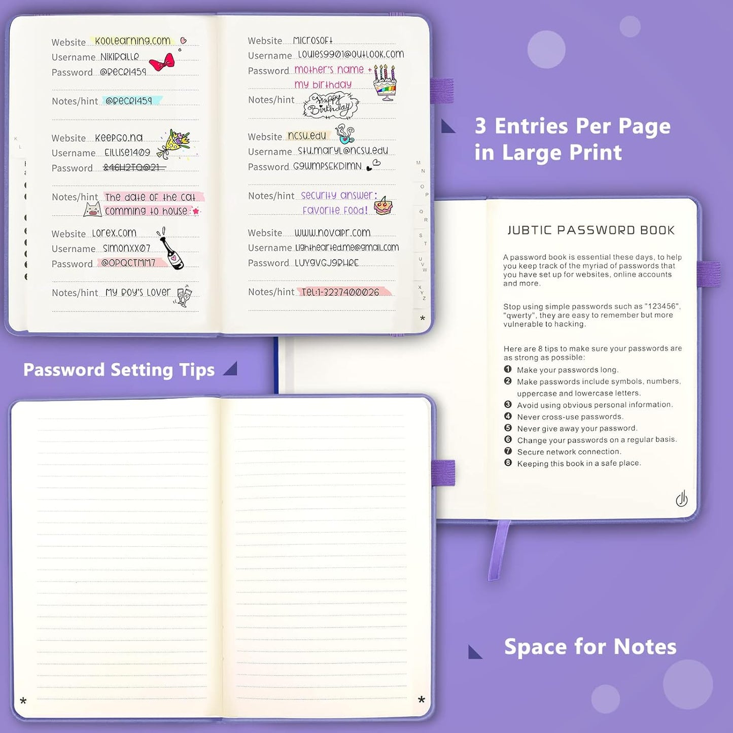 JUBTIC Password Book with Alphabetical Tabs, Small Size Internet Address & Password Keeper Logbook, Password Notebook Journal for Computer & Website Logins, Very Peri