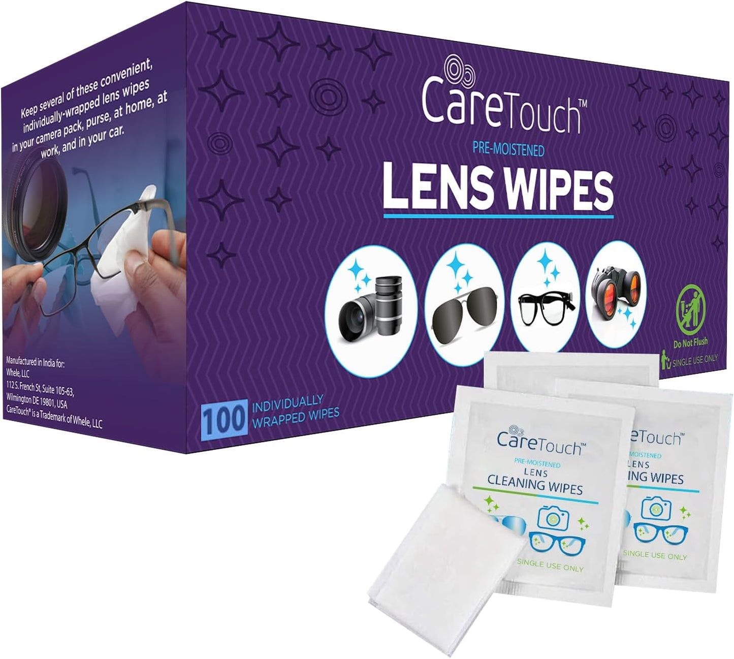 Care Touch Lens Wipes for Eyeglasses- 100 Count Individually Wrapped Pre- Moistened Wipes, 5 x 6 Inch- Camera Lens, Sunglasses and Glasses Cleaner,- Gentle and Portable for Cleaning of Optical Devices