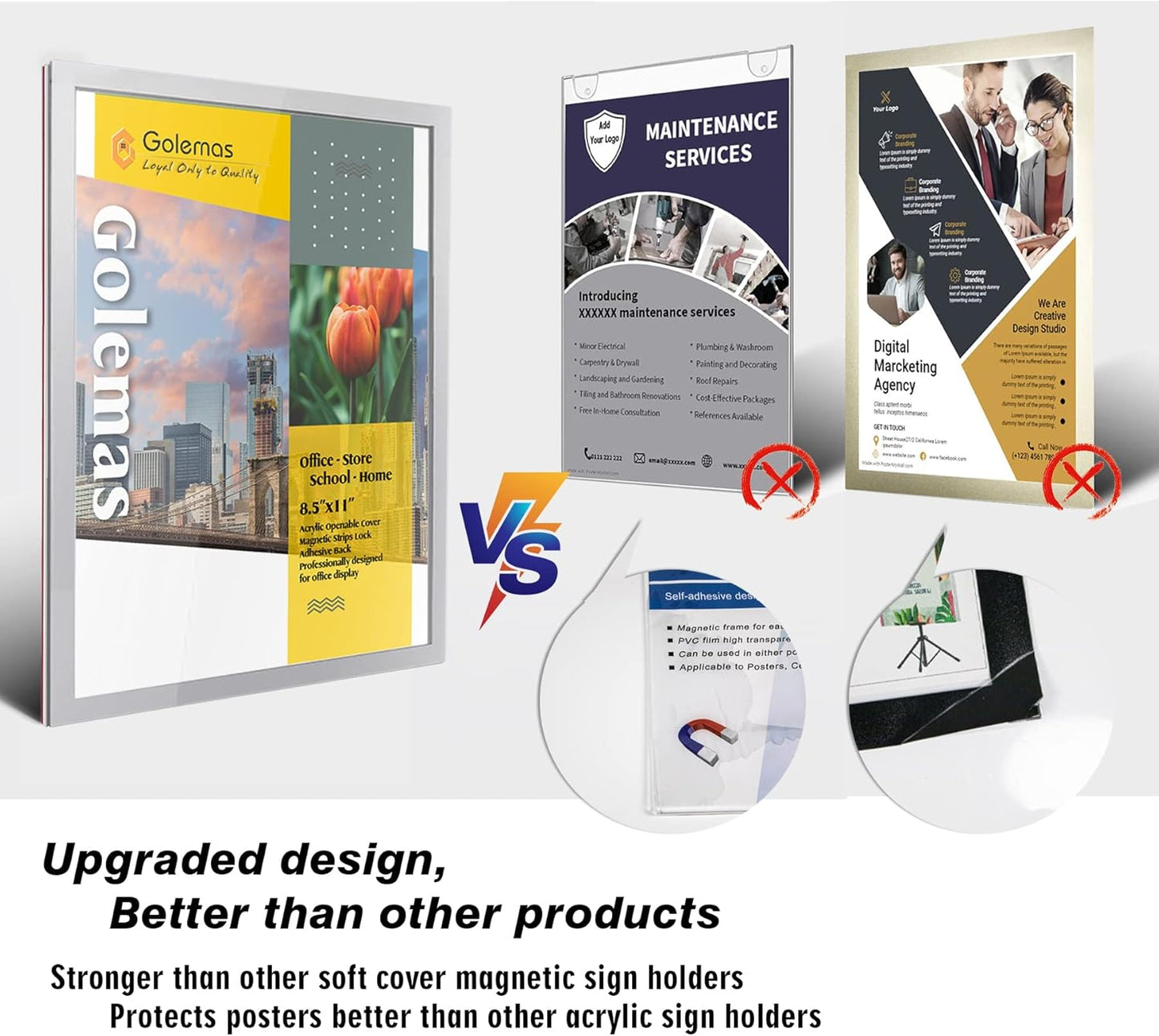 Acrylic Magnetic Sign Holder, Easy-Opening 8.5 x 11 Wall Mount Display Frames, Self Adhesive Back Plastic Clear Document Frame, Horizontal & Vertical Display (Silver, 3Pack)