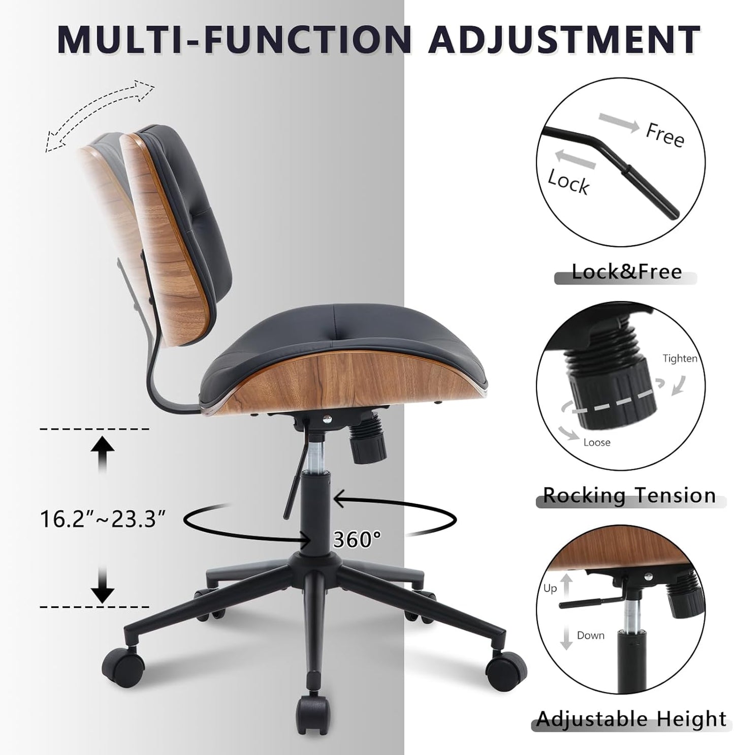 Armless Home Office Chair with Wheels, PU Leather Adjustable Height Computer Desk Chair, 360 Swivel Small No Arms Chair, Modern Button Walnut Style for Office, Reading Meeting Room(Black)