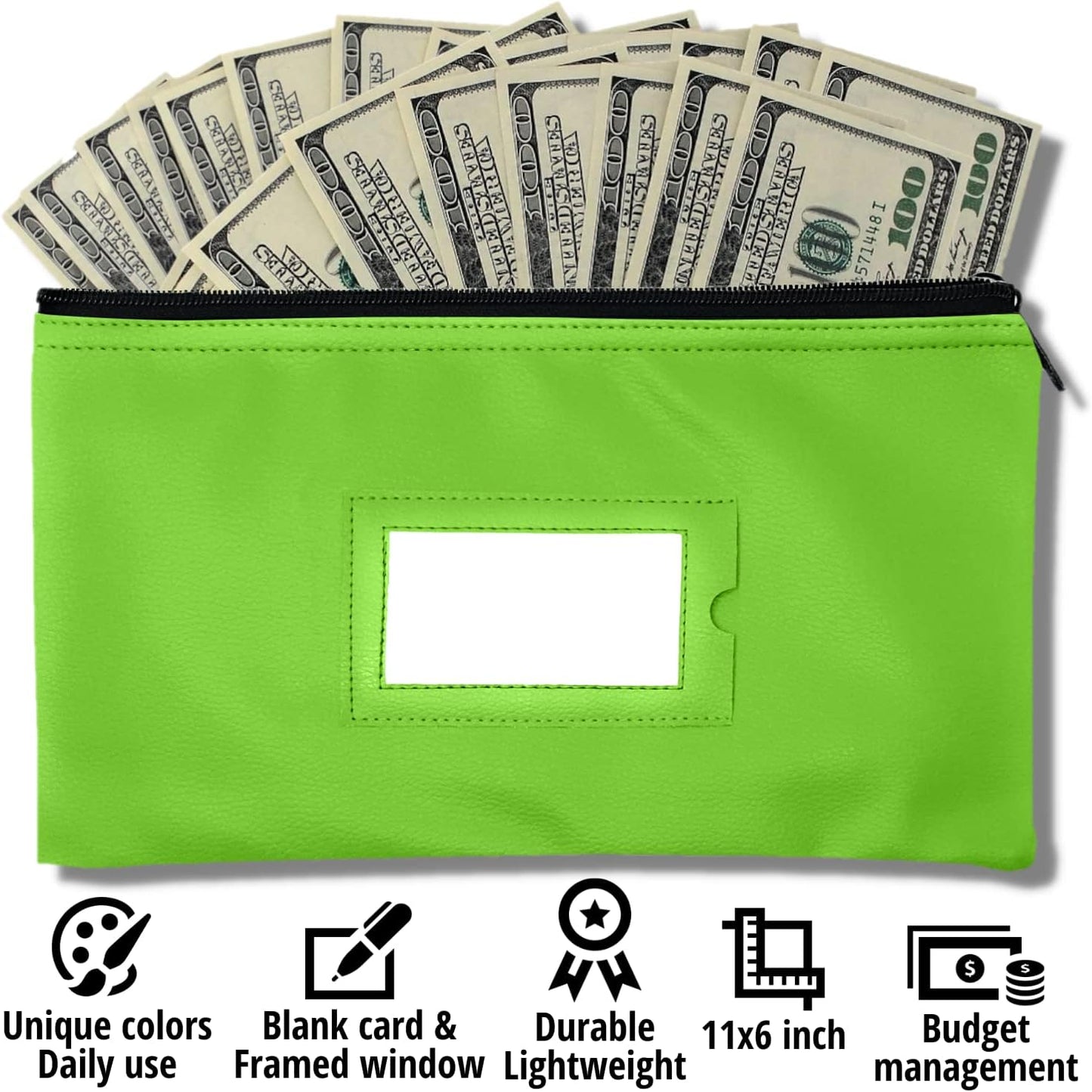 Money Bank Deposit Bag with Zipper | 11x6 inch | Light Green | Durable Leatherette Money Cash Coin Check Wallet Pouch for Men & Women with Framed ID Window and Blank Card | by GIDABRAND (1)
