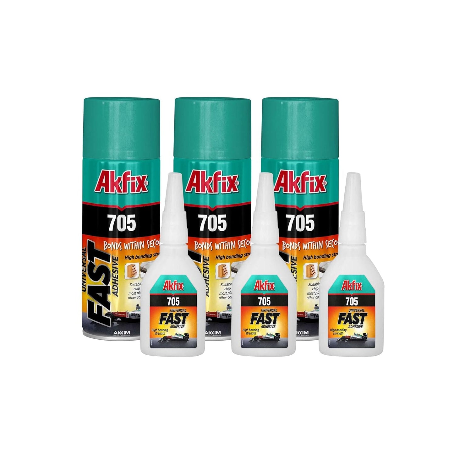 Akfix 705 Fast Adhesive CA Glue & Activator (3x3.50 oz Glue + 3x13.50 fl oz Activator) - High Strength Cyanoacrylate for Woodworking, Crafts & Multi-Surface Bonding - 3 Pack