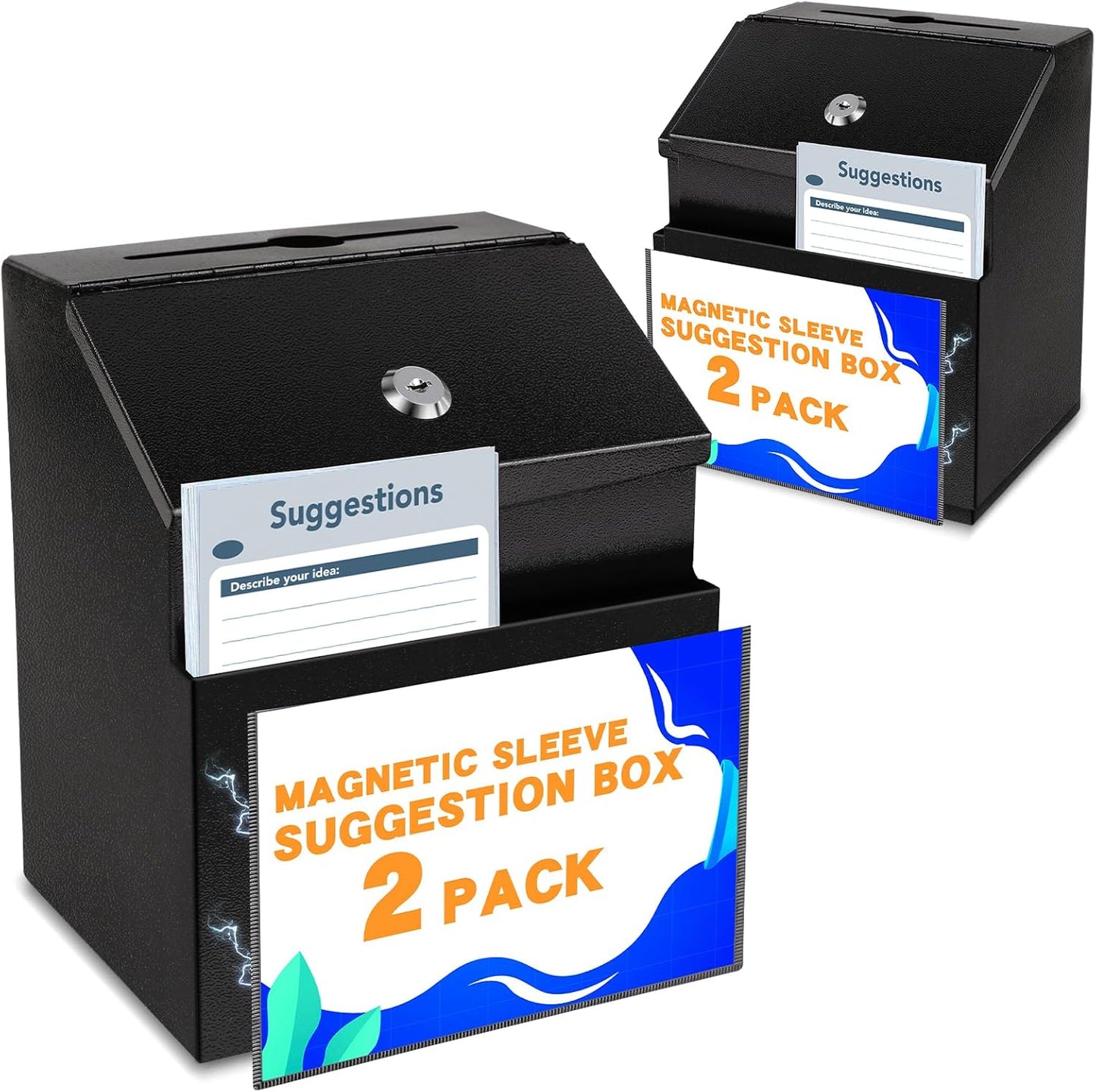 Suggestion Box with Slot and Lock 2 Pcs Metal 8.4 x 5.8 x 7.0 in Built-In Storage Compartment with Magnetic Sign Holder 100 Suggestion Card Tip Jar Ballot Voting Prayer Comment Mailbox