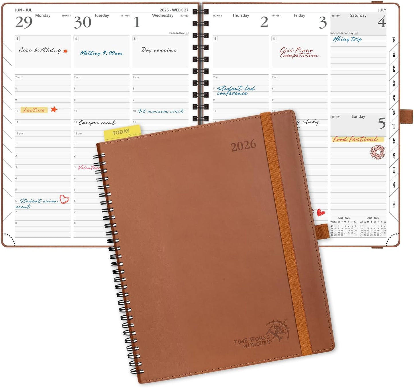 POPRUN 2026 Planner (Large - 8.5" x 10.5") with Hourly Schedule, Vertical Layout - 2026 Weekly Calendar (Jan. 2026 - Dec.2026) for Time Management, Monthly Tabs, Spiral Bound, Soft Cover - Brown