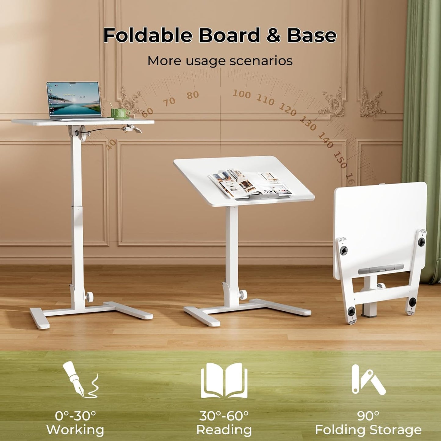 Foldable Standing Desk，Small Mobile Sit-Stand Desk with 90 Tiltable Top，Rolling Rising Laptop Workstation Adjustable Height，Portable Table on Hidden Wheels/4 Lockable Casters，White