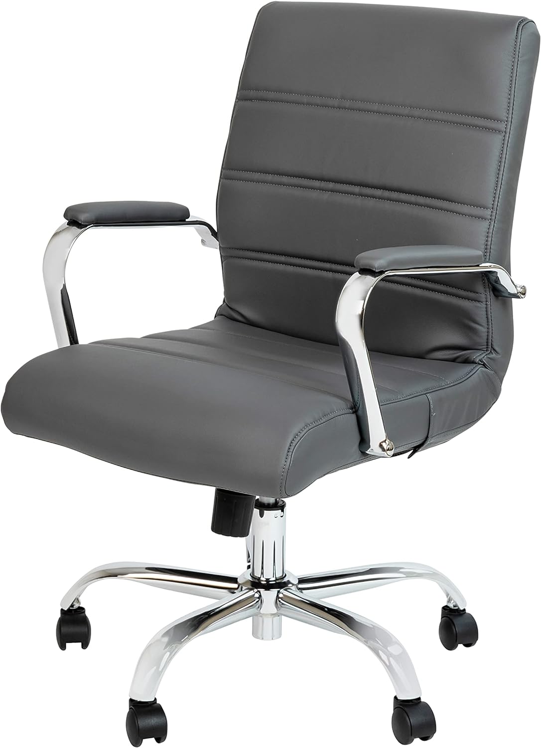Flash Furniture Whitney Mid-Back Swivel LeatherSoft Desk Chair with Padded Seat and Armrests, Adjustable Height Padded Office Chair, Gray/Chrome