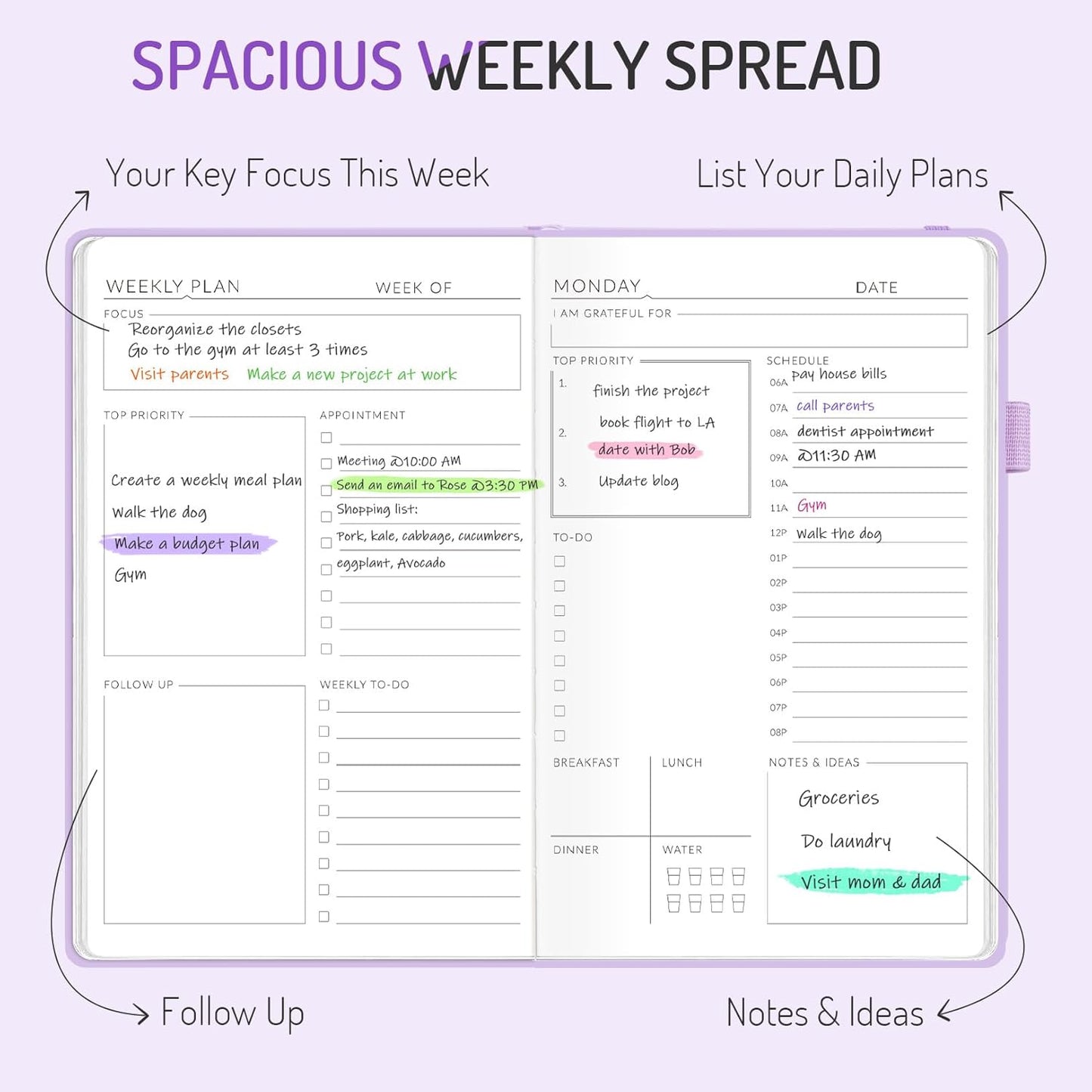 Undated Weekly Planner for 2025, Forvencer Daily & Weekly & Monthly Calendar Planner, Cute Daily Organizer Notebook, Agenda Journal to Track Goals & Tasks, Start Anytime, A5 Size, Dark Green