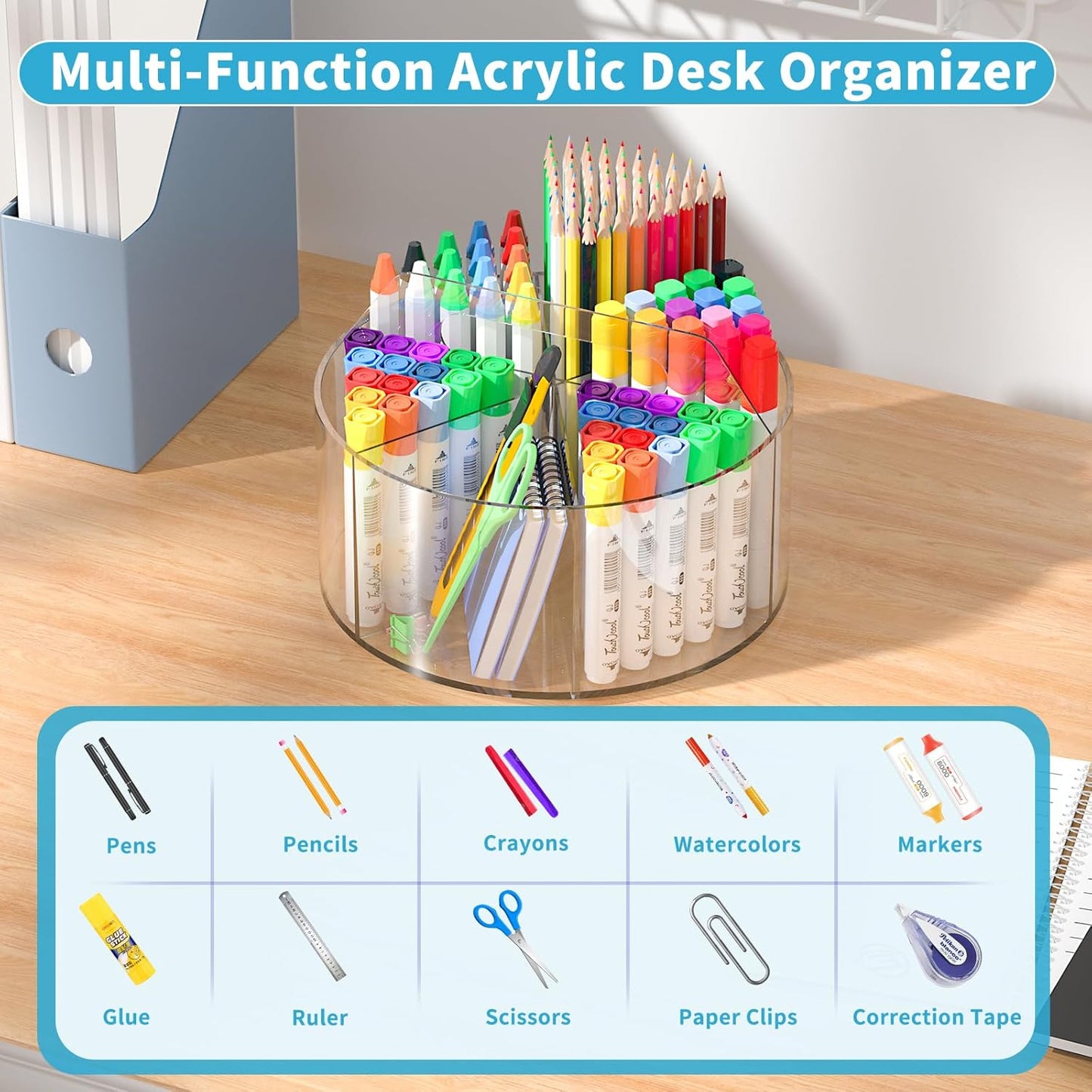 Acrylic Pen Holder for Desks, Acrylic Desk Organizer Clear, 360 Degree Pencil Holder for Desk Kids, Rotating Desk Organizer Rotating Pen Holder for Desk, Art Supply Storage Organizer 6 Compartments