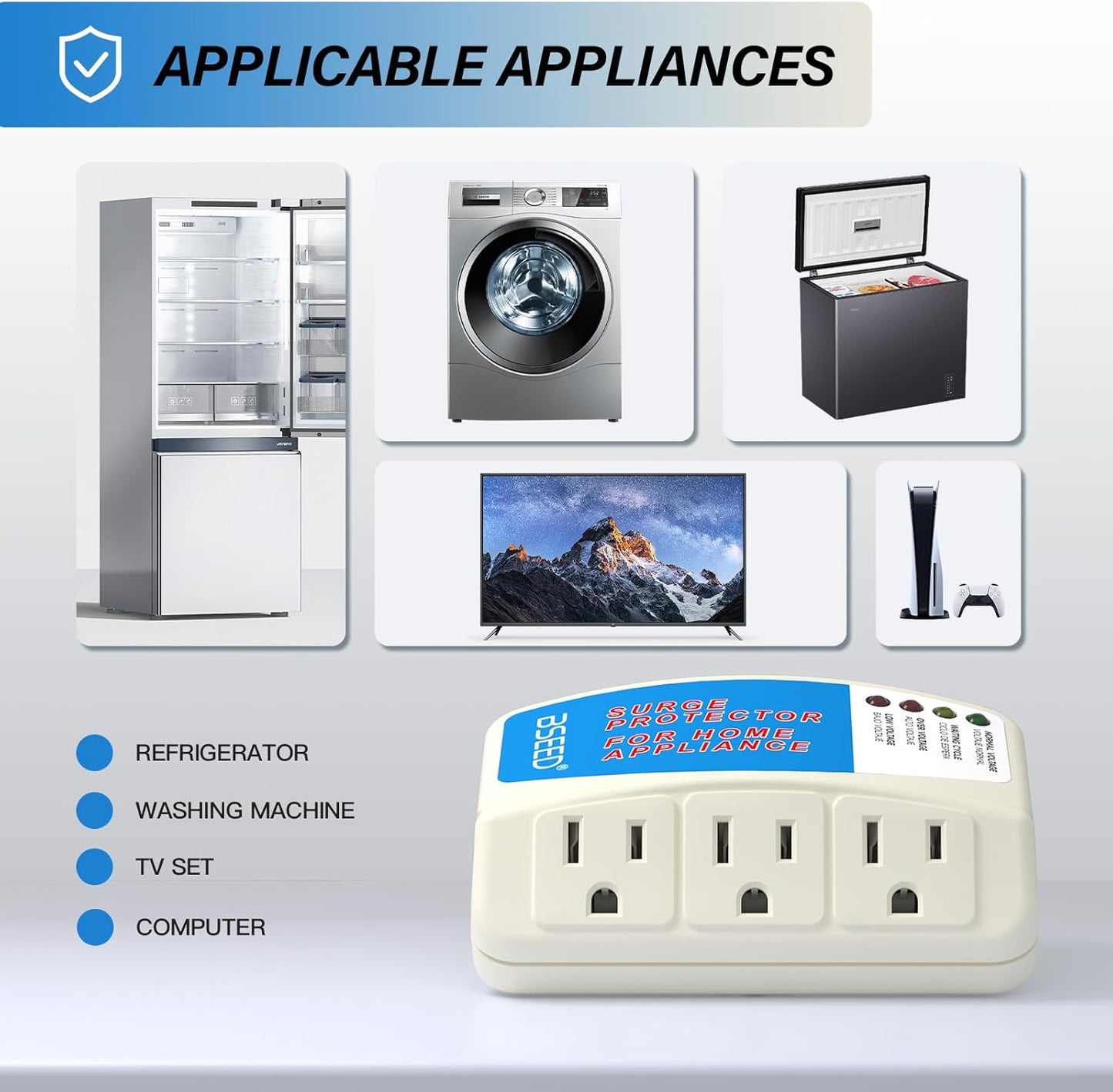 BSEED Home Appliance Surge Protector, Surge Protector for Refrigerator Wall Mount Three Plugs with Protection Low/High Voltage Protector Brownout Outlet Plug in 125V, 1875W, 2 Pack