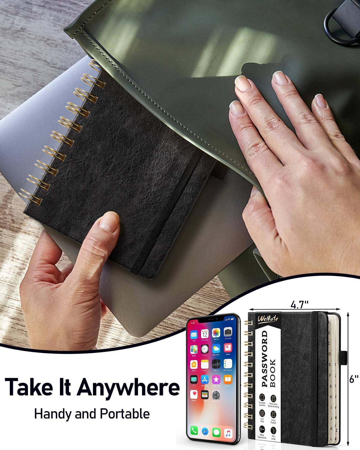 WEMATE Password Book with Alphabetical Tabs, Spiral Password Keeper Book for Seniors, Internet Password Notebook Password Journal Logbook Log in Detail, Small – 4.7''x 6'' (Black)
