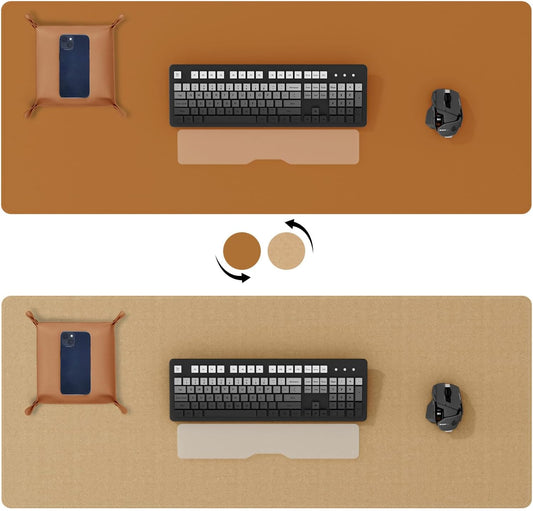 DAWNTREES Dual Sided Desk Mat,Leather Desk Pad,Brown 35.5"x17",Cork Desk Mat Protector,with PU Leather Valet Tray Organizer,Large Mouse Pad,Desk Writing Pad for Office and Home