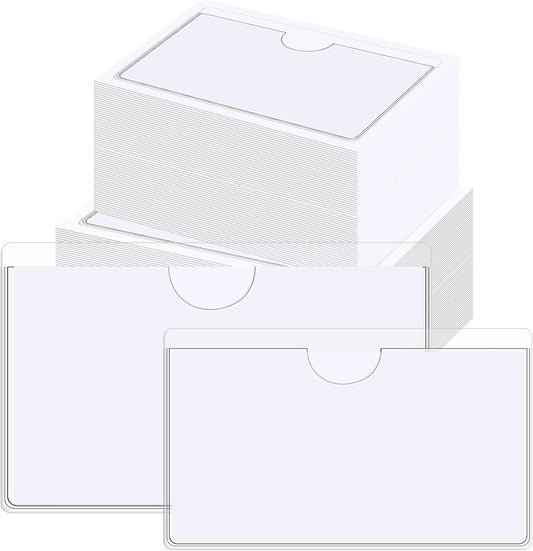 Outus 100 Pcs Clear Self Adhesive Pockets - Bin Labels for Storage Bins, Pocket Label Sleeves, Plastic Index Card Holder with Top Open for Organizing Bins Box Drawer(2 x 3.75, 3 x 5 Inch)