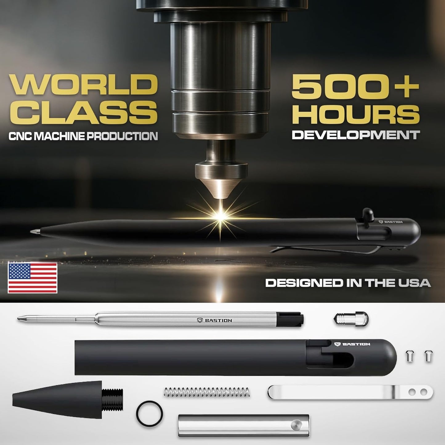 BASTION® Luxury Slim Bolt Action Pen, Lightweight Aluminum EDC Pen with Fine Tip, Professional Ballpoint Pen for School and Work - Black