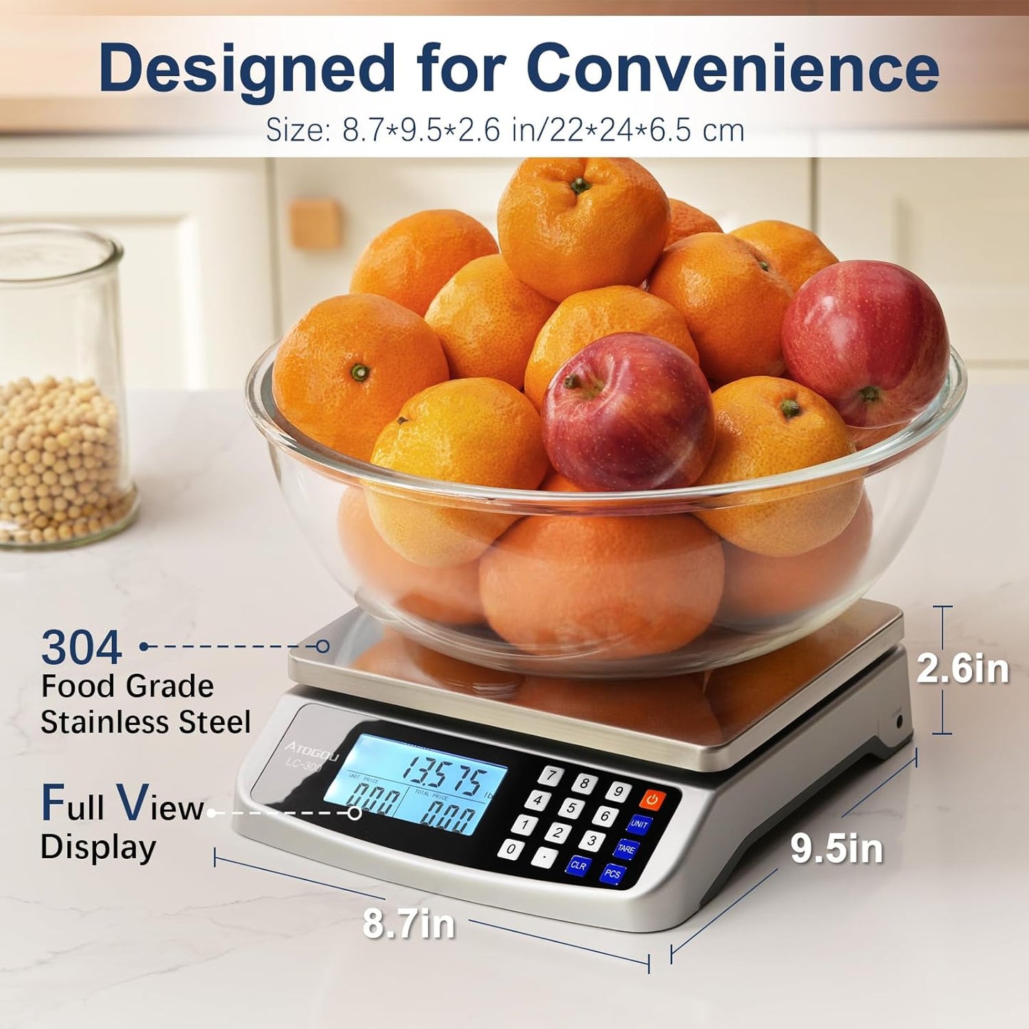 66lb Food Scale, Commercial Kitchen Scale with Price Computing, Plug-in Usable, 0.05oz/1g, 304 Stainless Steel, for Cooking, Vegetables, Farm, Industry, Counting. LC300 Silver