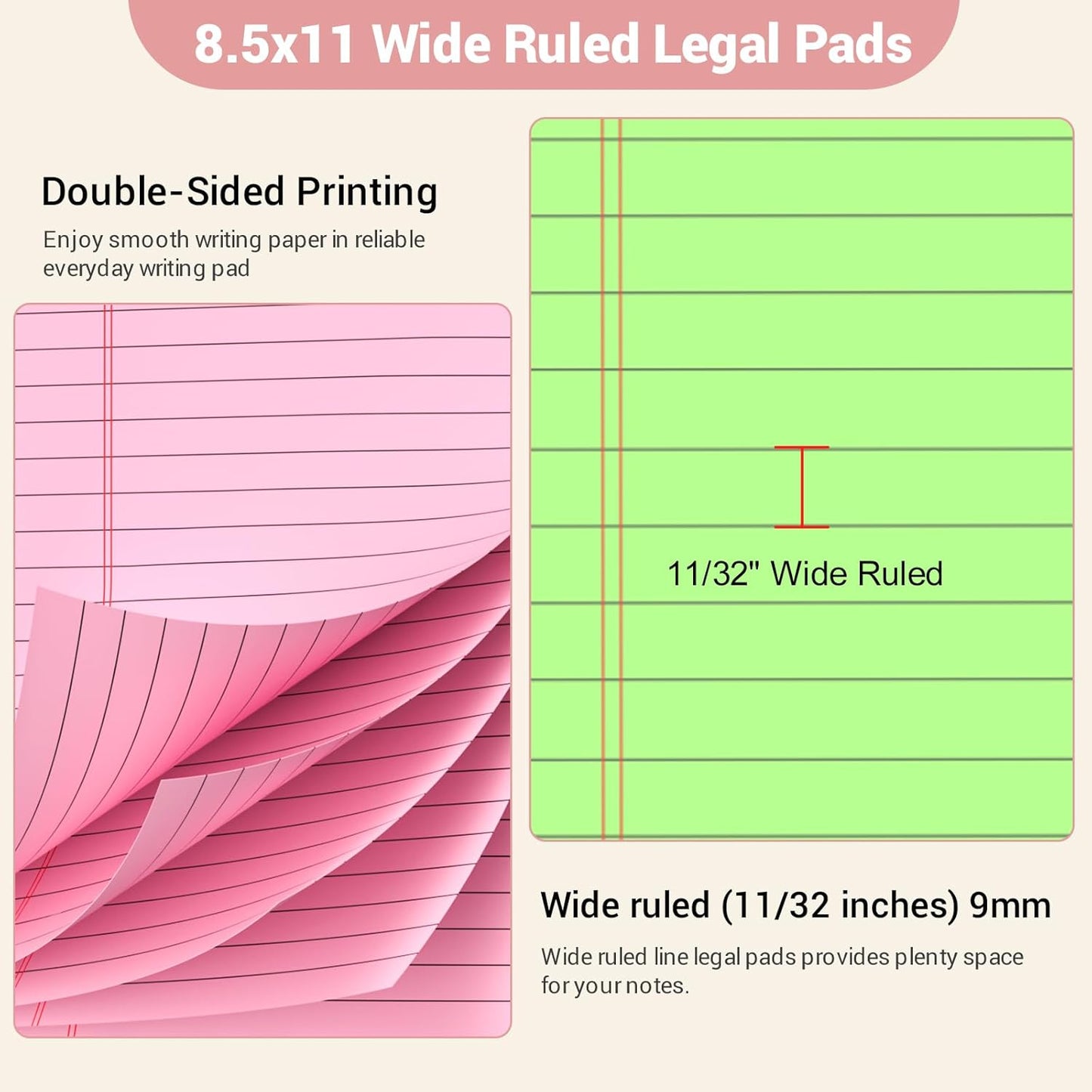 Legal Pads 8.5 x 11 Colored Notepad, 3 Pack Note Pads Wide Ruled Lined Paper, Micro Perforated Writing Pads, 30 Sheet/Note Pads, Notebook Paper Tablet for School, Pink Legal Pad 8.5 x 11